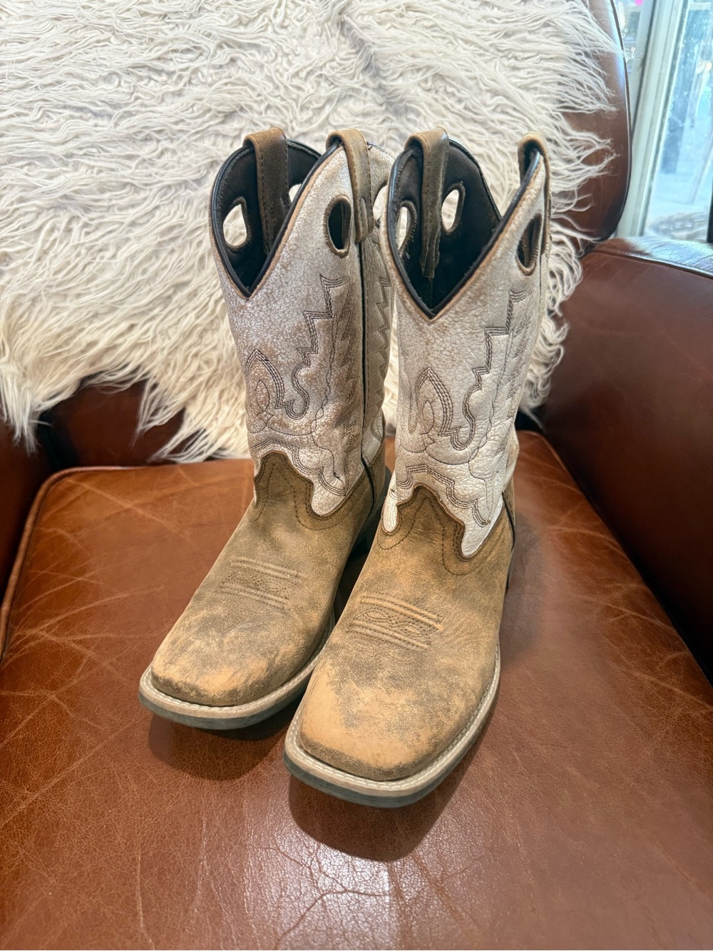 Youth Two-Tone Tan and Cream Western Pull-On Boots